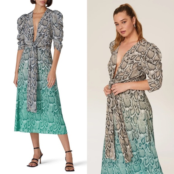 AFRM Teal Ombre Colorblock Snake Print Puff Sleeve Tie Plunge V-Neck Dress XS - Picture 3 of 7